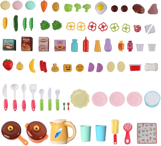 deAO My Happy Little Chef Kitchen 80 Pieces Pretend Play Set with Multi-Functional Button Panel, Light, Sound, Real Steam Functions and Colour Changing Accessories Included(Pink)