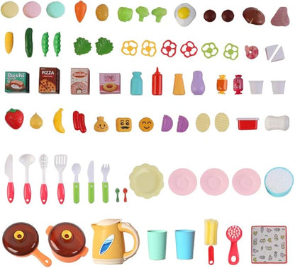 deAO My Happy Little Chef Kitchen 80 Pieces Pretend Play Set with Multi-Functional Button Panel, Light, Sound, Real Steam Functions and Colour Changing Accessories Included(Pink)