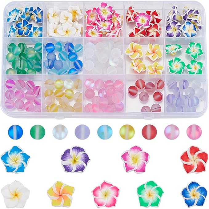 SUNNYCLUE 1 Box 150Pcs 6 Sets Flower Bracelet Making Kit Plumeria Flowers Beads with 10m Crystal String Summer Hawaii Ocean Beach Moonstone Beads for Jewelry Making Adults Supplies Adults Beginner