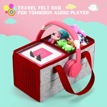 PISOSN Carrying Case for Toniebox Starter Set and Tonies Figurines, Travel Felt Cloth Musical Toy Folding Bag for Toniebox 2 & Accessories (Red)