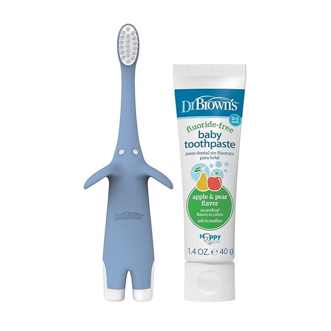 Dr. Brown's Infant-to-Toddler Training Toothbrush Set, Blue Elephant with Fluoride-Free Apple Pear Baby Toothpaste, 0-3 years