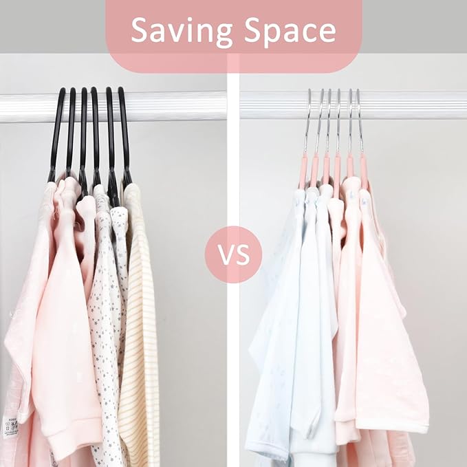 ManGotree 10.95" Baby Velvet Hangers, Non-Slip Infant Coat Hangers, Ultra-Thin Toddler Felt Hangers with 360° Swivel Hook, Space Saving Children's Hangers for Kids Clothes, 48 Pack (Pink)