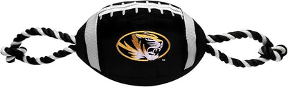 Pets First NCAA Missouri Tigers Nylon Football Dog Toy Tough Quality Nylon Materials, Strong Pull Ropes, Inner Squeaker, Collegiate Team Color