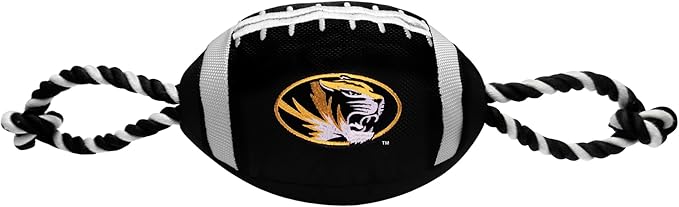 Pets First NCAA Missouri Tigers Nylon Football Dog Toy Tough Quality Nylon Materials, Strong Pull Ropes, Inner Squeaker, Collegiate Team Color