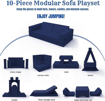 MeMoreCool Modular Kids Play Couch, 10 Piece Foam Lounge Sofa for Playroom, Large Toddler Bed and Block Couch for Boys, Navy