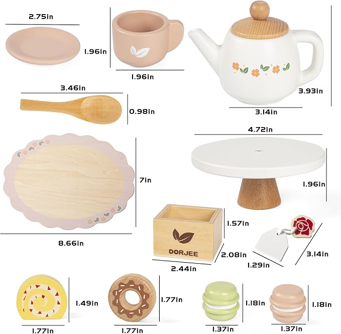 Dorjee Wooden Tea Set for Little Girls, Wooden Toys Toddler Tea Set Play Kitchen Accessories for Kids Tea Party with Play Food for Kid Age 3+ Gift
