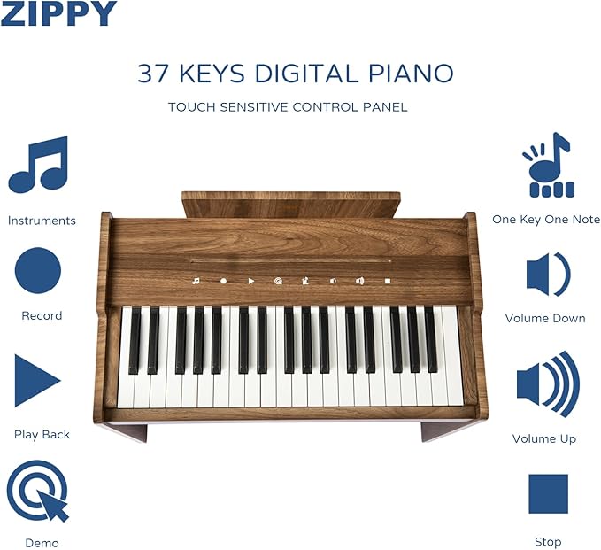 ZIPPY Kids Piano Keyboard, 37 Keys Digital Piano for Kids, Touch Sensitive Control Panel, Built-in Songs, Volume Adjustable, Music Educational Instrument, Wood Piano for 3+ Girls and Boys, Walnut Plus