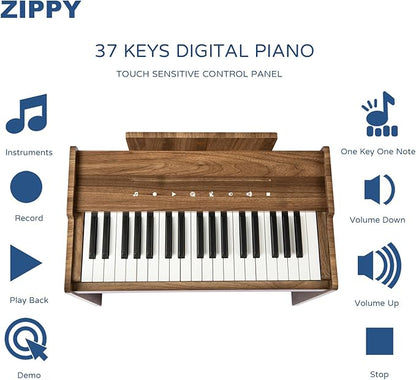 ZIPPY Kids Piano Keyboard, 37 Keys Digital Piano for Kids, Touch Sensitive Control Panel, Built-in Songs, Volume Adjustable, Music Educational Instrument, Wood Piano for 3+ Girls and Boys, Walnut Plus