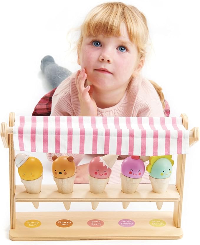 Tender Leaf Toys - Scoops and Smiles - Ice Cream Toy Shop with 5 Solid Wood Pretend Play Set for Kids, Play Food and Accessories, Encourage Role Play and Develops Social Skills - Age 3+