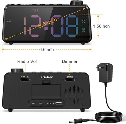 ANJANK Digital FM Radio Alarm Clock for Bedroom, 6.5'' Large Colorful Display for Kids Teens, Weekday/Weekend Dual Alarm, 0-100% Dimmable Brightness, Small Desk Clock with USB Charging Port
