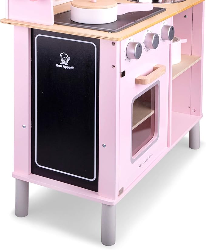 New Classic Toys Wooden Pretend Toy Kitchen for Kids Role Play Included Accessoires Pink Colored - Makes Sound