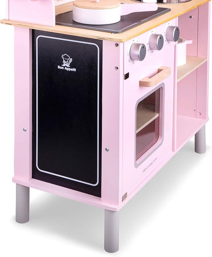 New Classic Toys Wooden Pretend Toy Kitchen for Kids Role Play Included Accessoires Pink Colored - Makes Sound
