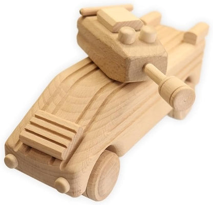 Handmade Wooden Toy Transporter, Paintable WW2 Army Car, Rotating Turret & Wheels, Children's Handcrafted Military Toy, Ideal for Boys, Decoration, Kids Play and Learning