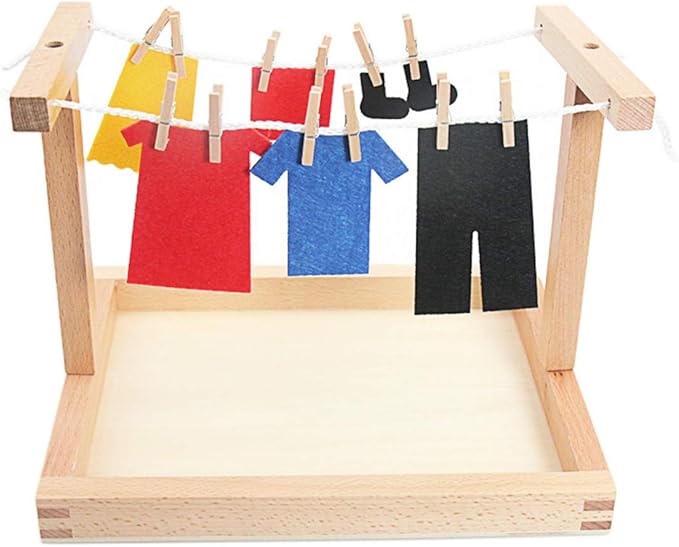 Montessori Wooden DIY Mini Simulation Clothes Drying Frame Clothes Suit Toys for Baby Children Basic Life Practice Training Toys