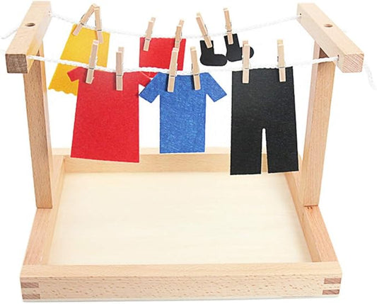 Montessori Wooden DIY Mini Simulation Clothes Drying Frame Clothes Suit Toys for Baby Children Basic Life Practice Training Toys