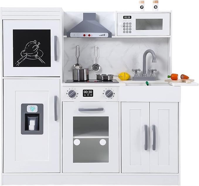 Bophy Kids Kitchen Playset, Wooden Chef Pretend Play Set with 20 PCS Cookware Accessories, Wooden Cookware Pretend with Ice Maker, Microwave, Oven, Range Hood, Sink, Real Lights & Sounds，White