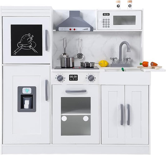 Bophy Kids Kitchen Playset, Wooden Chef Pretend Play Set with 20 PCS Cookware Accessories, Wooden Cookware Pretend with Ice Maker, Microwave, Oven, Range Hood, Sink, Real Lights & Sounds，White