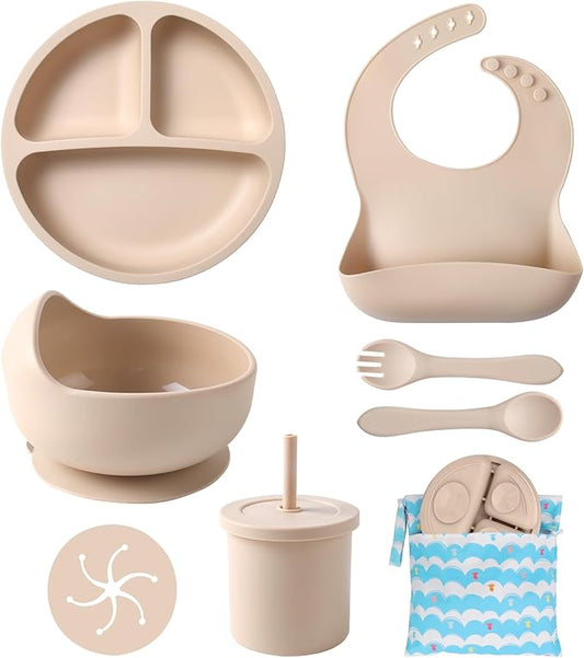 ECLIP Silicone Baby Feeding Set, 10 Pcs Baby Led Weaning Supplies with Suction Bowl Divided Plate Adjustable Bib Soft Spoon Fork Snack Cup with Lid Drinking Cup, Utensil (Beige)