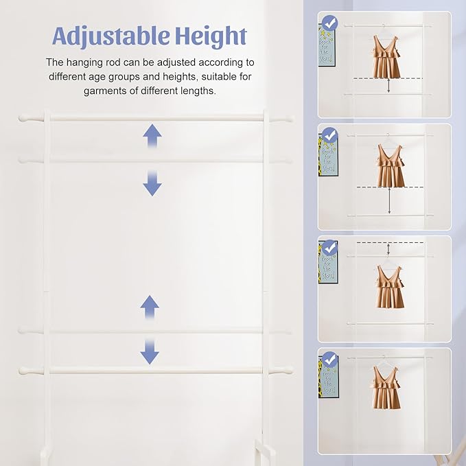Kids Clothing Rack Bamboo with 2 Storage Baskets and 2 Adjustable Hanging Rods,Child Garment Holder with Shelf, Dress up Stand for Playroom,Toddlers Bedroom (White)