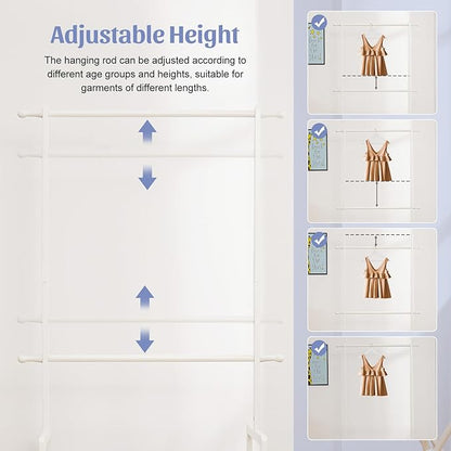 Kids Clothing Rack Bamboo with 2 Storage Baskets and 2 Adjustable Hanging Rods,Child Garment Holder with Shelf, Dress up Stand for Playroom,Toddlers Bedroom (White)