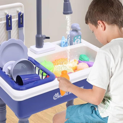 Play Kitchen Sink Toys with Running Water, Toddler Electric Dishwasher Playing Toy with Cutting Foods, 33 PCS Pretend Role Play Accessories Set, Learning Gift for Girls Boys (Blue)
