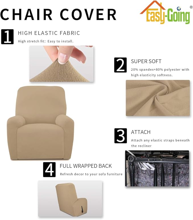 Easy-Going 4 Pieces Microfiber Stretch Recliner Slipcover – Spandex Soft Fitted Sofa Couch Cover, Washable Furniture Protector with Elastic Bottom for Kids, Pet(Recliner, Pale Yellow)