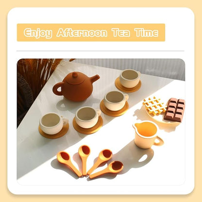 Silicone Tea Party Set, Toy Tea Set for Girls Kids ToddlersTea Set with Tea Pot Cups Food(Chocolate and Waffles), Pretend Play Kitchen Accessories(Brown)