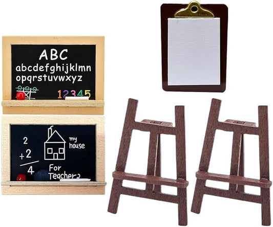LOGOFUN Dollhouse School Supplies Set Miniature Blackboards Wooden Easel Painting Board Mini House Accessory