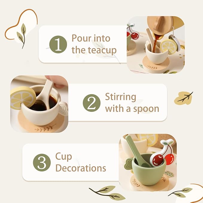 Tea Party Set for Little Girls, Silicone & Wooden Tea Set for Toddler with Silicone Teapot Cups Carrying Tray Scoop, Pretend Play Accessories Kids Kitchen Wooden Toys for 3 4 5 6 Year Old (Green)