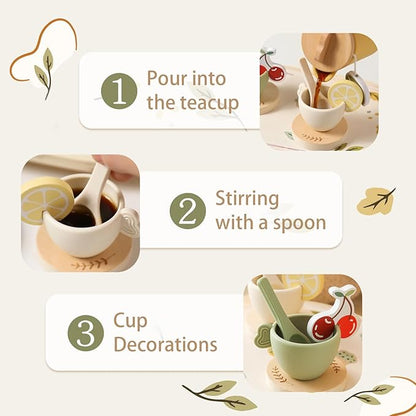 Tea Party Set for Little Girls, Silicone & Wooden Tea Set for Toddler with Silicone Teapot Cups Carrying Tray Scoop, Pretend Play Accessories Kids Kitchen Wooden Toys for 3 4 5 6 Year Old (Green)