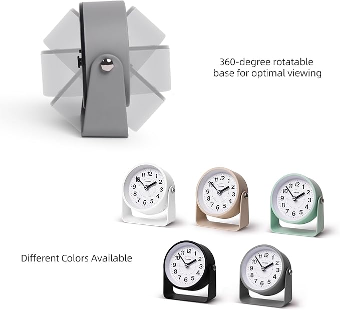 Analog Alarm Clock, Silent Non-Ticking Quartz Movement, Battery-Operated with Snooze & On-Demand Light, Easy to Set Gentle Wake Bedside Desk Clock, Ideal for Home, Travel, Office (Gray)