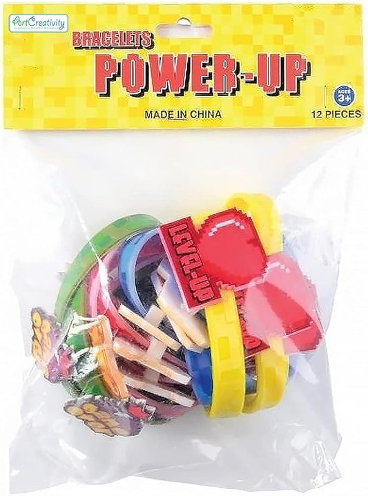 ArtCreativity Power Up Rubber Bracelets for Kids, Set of 12, Colorful Stretchy Rubber Wristbands with Classic Video Game Icons, Fun Birthday Party Favors, Goodie Bag Fillers, Carnival Prize