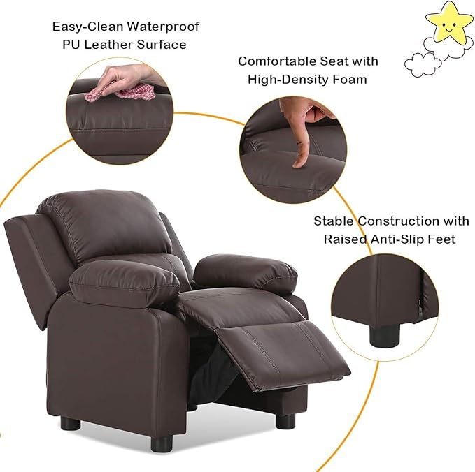 Costzon Kids Recliner, Leather Recliner Chair w/Footrest, Armrest Storage, Headrest & Lumbar Support, Ergonomic Lounge Chair for Living & Gaming Room, Adjustable Recliner Sofa for Boys Girls (Brown)