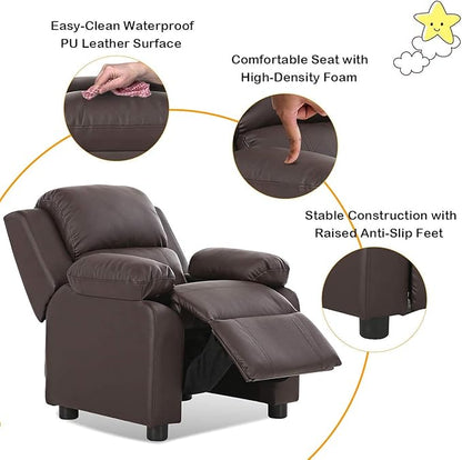 Costzon Kids Recliner, Leather Recliner Chair w/Footrest, Armrest Storage, Headrest & Lumbar Support, Ergonomic Lounge Chair for Living & Gaming Room, Adjustable Recliner Sofa for Boys Girls (Brown)