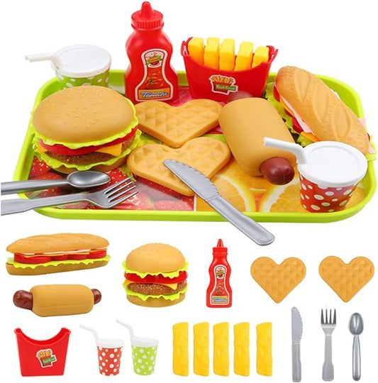 Pretend Play Fast Food Set, Play Food for Kids Kitchen - Play Kitchen Accessories - Toy Foods with Play Burger and Hot Dog Plastic Food for Pretend Play, Kids Toddler Childrens Birthday Gifts