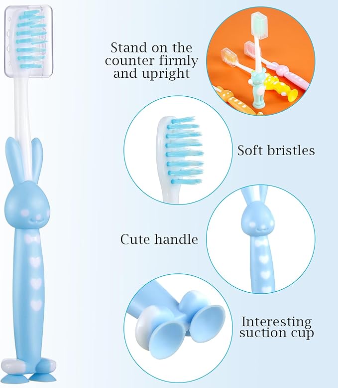 Patelai 12 Pcs Toddler Toothbrush for Age 2+, Children Disposable Manual Toothbrush Bulk with Suction Cup for Upright Storage, Soft Individually Kids Toothbrush Set with Dust Covers