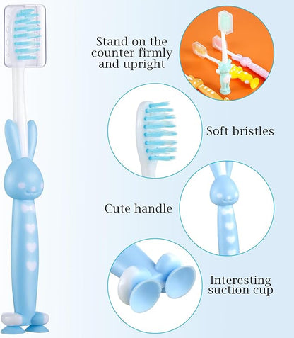 Patelai 12 Pcs Toddler Toothbrush for Age 2+, Children Disposable Manual Toothbrush Bulk with Suction Cup for Upright Storage, Soft Individually Kids Toothbrush Set with Dust Covers