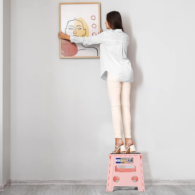 ACKO Folding Step Stool 13 Inch Stool Heavy Duty Plastic Foldable Step Stools for Kids, Stepping Stool with Handle, Folding Stool Suitable for Kitchen Hold Up to 300 LB (Sakura Pink 1PC)