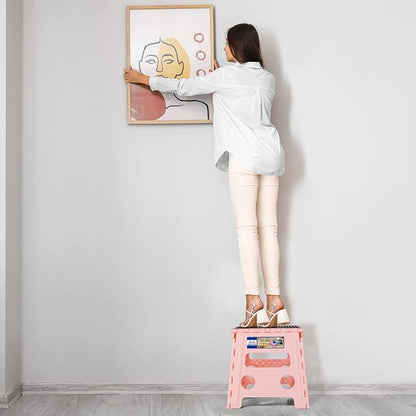 ACKO Folding Step Stool 13 Inch Stool Heavy Duty Plastic Foldable Step Stools for Kids, Stepping Stool with Handle, Folding Stool Suitable for Kitchen Hold Up to 300 LB (Sakura Pink 1PC)