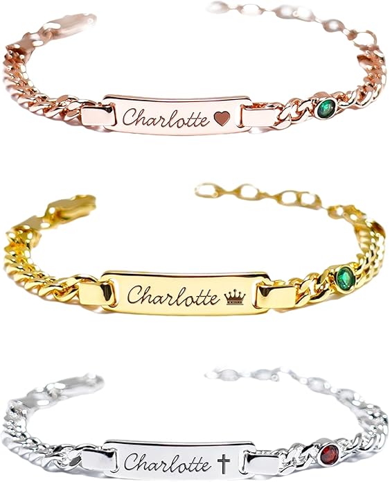 PUREFLY - Personalized Baby Name Bracelets with Birthstone, 18k Gold Plated, Adjustable Length, Double-Sided Customisable, with Gift Wrap