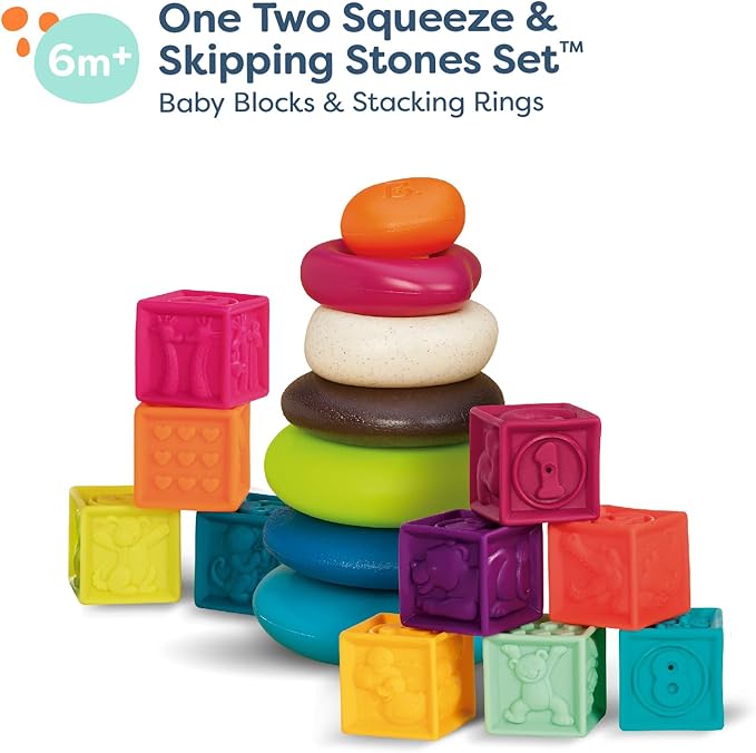 B. toys – Baby Blocks & Stacking – 10 Numbered Blocks & 5 Colorful Rings – Building Play Set for Infants – Educational Toys – One Two Squeeze & Stacking Stones – 6+ Months