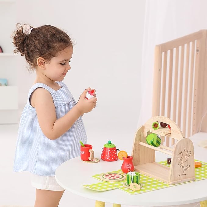 JAUNTY Tea Party Set Toy for Little Toddler Girl 3 4 5 6 Years Old, Wooden Tea Set Pretend Role Play Kitchen Toy with Carrying Case, 3-5 Year Old Kids Girls Boys Birthday
