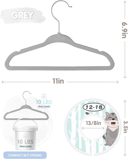 Baby Hangers, VIS'V 11 Inch Gray Velvet Kids Hangers with 6 Pcs Size Dividers Non Slip Nursery Children Closet Clothes Hangers for Infant Toddler Girls and Boys 30 Pcs
