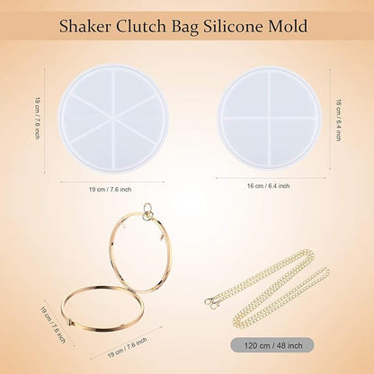 Shaker Clutch Bag Silicone Mold Set Round Bag Making Mold Dynamic Liquid Quicksand Resin Bag Mold Kit with Findings for DIY Handmade Bag Craft Supplies, 4 Pieces in Total