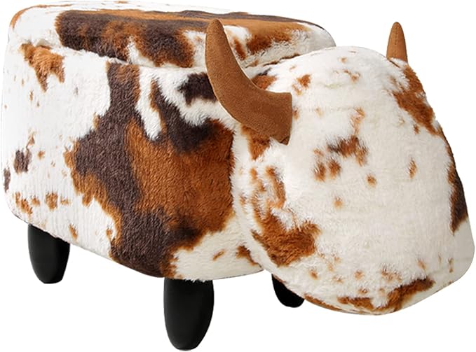 GIA Ottoman with Storage, Foot Stand and Wooden Legs, Shorthorn Dairy Cow, Brown and White