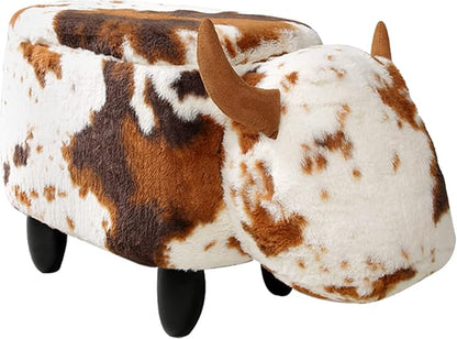 GIA Ottoman with Storage, Foot Stand and Wooden Legs, Shorthorn Dairy Cow, Brown and White