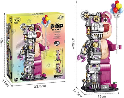 Pink Small Particles(1729 Pieces)Semi-Mechanical Building Block Teddy Bear Compatible with Lego Suitable for Ages 15+ Comes with a Transparent Display Box and a Multi-Functional Building Block Hammer