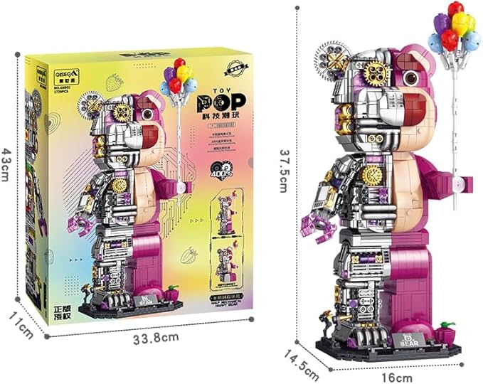 Pink Small Particles(1729 Pieces)Semi-Mechanical Building Block Teddy Bear Compatible with Lego Suitable for Ages 15+ Comes with a Transparent Display Box and a Multi-Functional Building Block Hammer