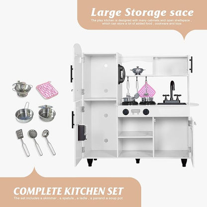 TaoHFE Kids Kitchen Playset,White Play Kitchen Sets for Kids Ages 4-8 Boys Gift Girl Toddler Kitchen Set for Kids Kitchen Playset with Lights & Sounds Wooden Toy Kitchen Playset Gift Kids Kitchen Set