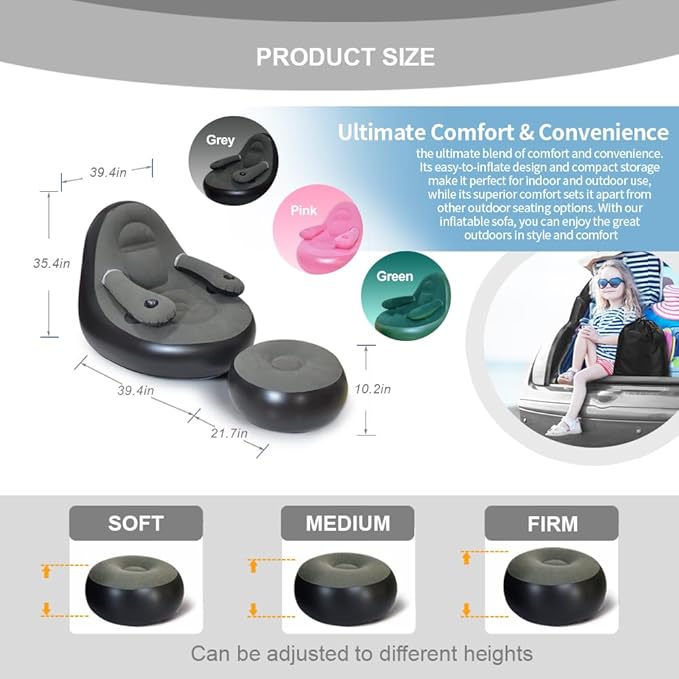 Set of 3 Inflatable Armrest Lounge Chair with Ottoman,Hand Pump,Eye Mask,Earplugs-Portable Blow Up Sofa, Air Chaise Lounge, Ideal Lazy Couch Set for Family Movie Night,Gaming,Party,Camping,Garden……